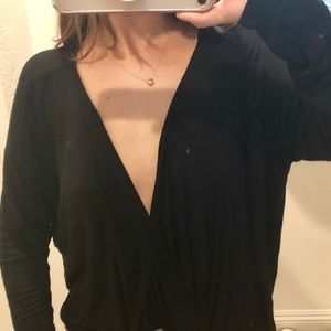 LF plunge neck long sleeve black shirt
